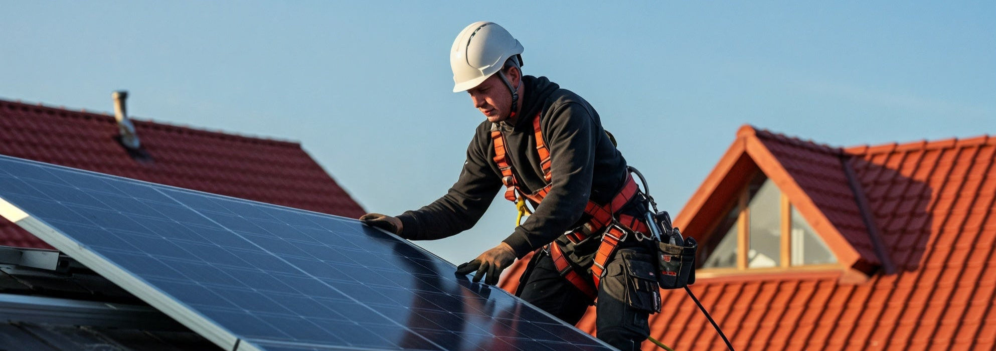 Worker installing solar panels on a roof with clear blue sky
